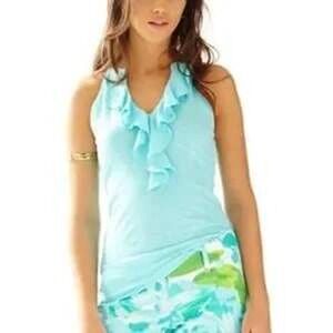 LILLY PULITZER Spa Blue Shay Ruffled Tank Top S Cotton Summer Beach Lightweight‎